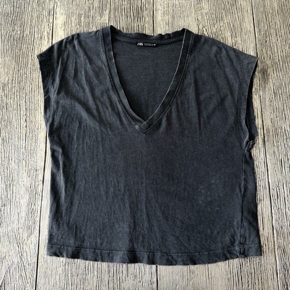 Zara Tops - Zara Shirt Women’s Medium Dark Gray Blouse Short Sleeve V-neck Basic Oversized